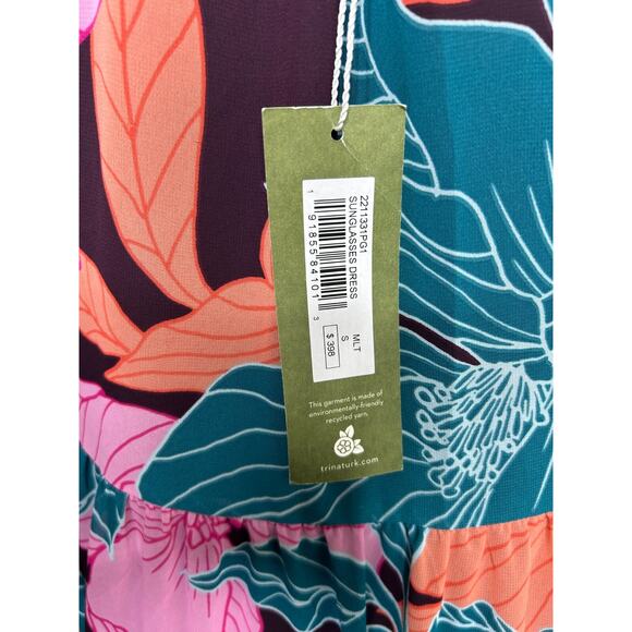 Trina Turk Sunglasses Maxi Dress Green Purple Tiered Sleeveless Halter Sz Small - Picture 4 of 5